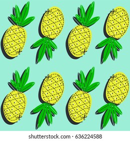 Pineapple juicy fruit. Vector illustration of seamless pattern.