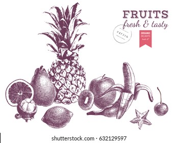 Pineapple and juicy fruits, illustration isolated on white. Monochrome vector border