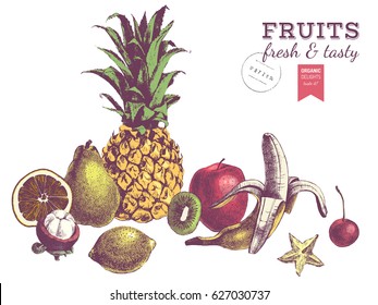 Pineapple and juicy fruits, vector illustration isolated on white