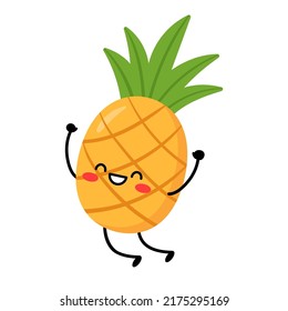 Pineapple Jumping. Cartoon character pineapple with arms and legs, with different emotions. Vector illustration isolated on white background