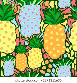 Pineapple jungle theme with green grooves seamless pattern. It is suitable for clothes, fabric, textile, texture, tiles, product, print, sheets and much more.