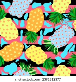 Pineapple jungle theme with green grooves seamless pattern. Pineapple with black stripes tropical summer seamless pattern. Nature theme seamless pattern.