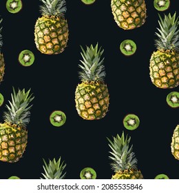 Pineapple and kiwi fruits vector seamless pattern
