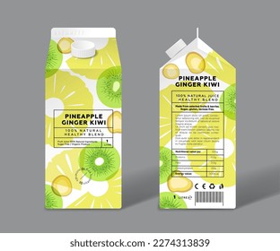 Pineapple, Kiwi and Ginger juice. Detox, healthy mix. Template packaging design. Transparent fruits and slices.