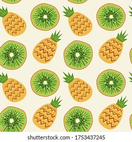 Pineapple and kiwi hand drawn seamless pattern. Ideal for background, wallpaper, textile, backdrop, wrapping paper. Pattern design.