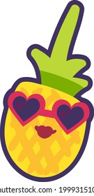 Pineapple lady fruit emoji happy emotion vector. Cheerful woman in tropical juicy plant shape wearing sunglasses in heart form. Resting comic funny emoticon flat cartoon illustration