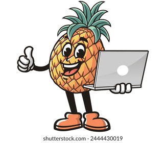 Pineapple with laptop cartoon mascot illustration character vector clip art hand drawn
