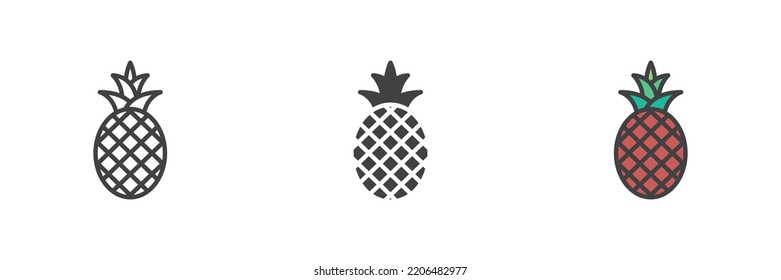 Pineapple with leaf different style icon set. Line, glyph and filled outline colorful version, pineapple fruit outline and filled vector sign. Symbol, logo illustration. Vector graphics