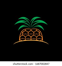Piña con icono de hoja. Frutos tropicales aislados en fondo negro