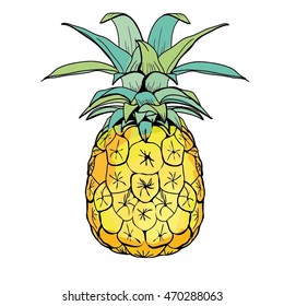 Pineapple with leaf icon. Tropical fruit isolated on white background. Symbol of food, sweet, exotic and summer, vitamin, healthy. Nature logo dessert. Flat concept. Design element Vector illustration