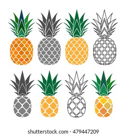 Pineapple with leaf icons set. Tropical fruits isolated on white background. Symbol of food, sweet, exotic summer, vitamin, healthy. Nature logo. Flat concept. Design element Vector illustration