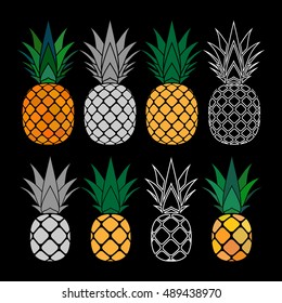 Pineapple with leaf icons set. Tropical fruits isolated on black background. Symbol of food, sweet, exotic summer, vitamin, healthy. Nature logo. Flat concept. Design element Vector illustration