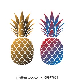 Pineapple with leaf icons set. Tropical fruits isolated on white background. Symbol of food, sweet, exotic summer, vitamin, healthy. Nature logo. 3D concept. Design element Vector illustration