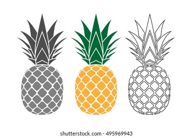 Pineapple with leaf icons set. Tropical fruits isolated on white background. Symbol of food, sweet, exotic summer, vitamin, healthy. Nature logo. Flat concept. Design element Vector illustration