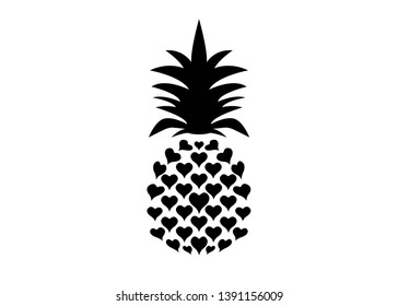 Pineapple with leaf logo icon, heart shape design. Tropical fruit isolated on white background. Symbol of food, sweet, exotic and summer, vitamin, healthy. Nature sign. Flat concept