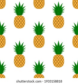 Pineapple, leaf seamless pattern. Tropical fruits textile texture isolated white background. Food print, fabric wrapping decorative backdrop. Nature concept. Repeat design element Vector illustration