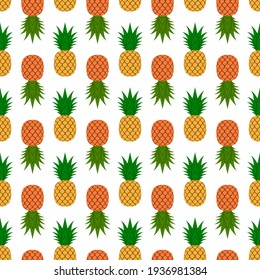 Pineapple, leaf seamless pattern. Tropical fruits textile texture isolated white background. Food print, fabric wrapping decorative backdrop. Nature concept. Repeat design element Vector illustration