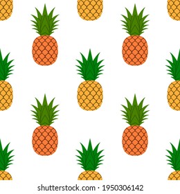 Pineapple, leaf seamless pattern. Tropical fruits textile texture isolated white background. Food print, fabric wrapping decorative backdrop. Nature concept. Repeat design element Vector illustration