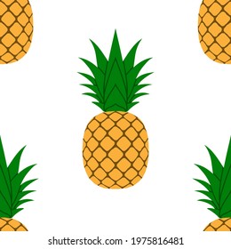 Pineapple, leaf seamless pattern. Tropical fruits textile texture isolated white background. Food print, fabric wrapping decorative backdrop. Nature concept. Repeat design element Vector illustration