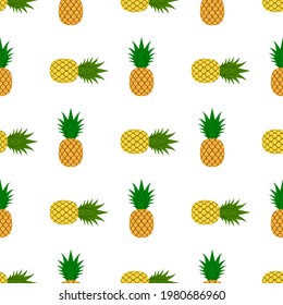 Pineapple, leaf seamless pattern. Tropical fruits textile texture isolated white background. Food print, fabric wrapping decorative backdrop. Nature concept. Repeat design element Vector illustration