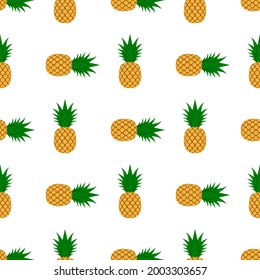 Pineapple, leaf seamless pattern. Tropical fruits textile texture isolated white background. Food print, fabric wrapping decorative backdrop. Nature concept. Repeat design element Vector illustration