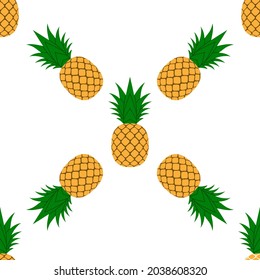 Pineapple, leaf seamless pattern. Tropical fruits textile texture isolated white background. Food print, fabric wrapping decorative backdrop. Nature concept. Repeat design element Vector illustration