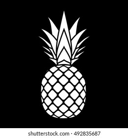 Pineapple with leaf silhouette icon. Tropical fruit isolated on black background. Symbol of food, exotic and summer, vitamin, healthy. Nature logo. Flat concept. Design element Vector illustration