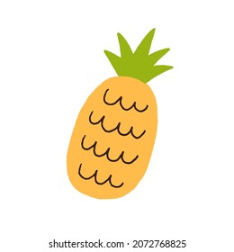 Pineapple with leaf. Sweet tropical fruit drawn in doodle style. Exotic ananas, fresh summer food icon. Ripe healthy eating. Flat vector illustration isolated on white background