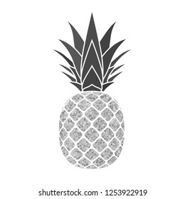 Pineapple with leaf. Tropical silver exotic fruit isolated white background. Symbol of organic food, summer, vitamin, healthy. Nature logo. Design element silhouette icon Vector illustration