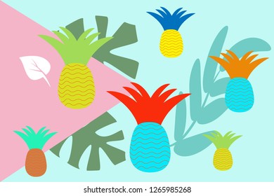 Pineapple with leaves, card or poster template, vector illustration