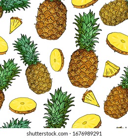 Ananas mit Blättern, kleine Stücke. Nahtlose Muster mit tropischen Früchten auf weißem Hintergrund. Summer Vektorillustration Illustration.Botanische Kunst für Drucke, Buchhüllen, Textilien, Stoff, Umhüllungspapier.