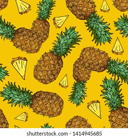 Pineapple with leaves,little chunks.Seamless pattern with piece of tropical fruits on yellow background.Summer vector illustration.Botanical art for prints,book covers,textile,fabric,wrapping paper.