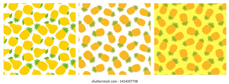 Pineapple, lemon, pear and apple. Tropical fruit seamless pattern set. Fashion design. Food print for clothes, linens or curtain. Hand drawn vector sketch. Yellow exotic background collection