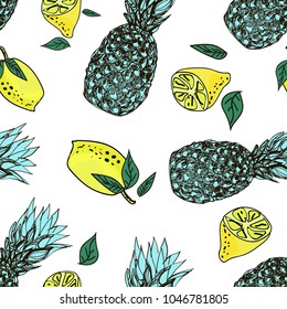 Pineapple and lemon sketches, seamless pattern, design for textile texture