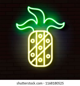 Pineapple light glowing neon sign on a brick wall. Vector illustration.
