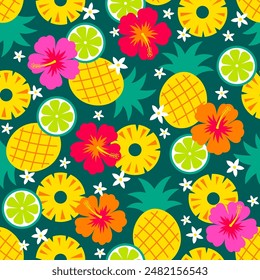 Pineapple, lime and hibiscus flowers seamless pattern design for summer holidays background.