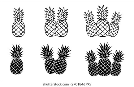 Arte de línea de piña y paquete de iconos de Vector de silueta sobre fondo blanco
