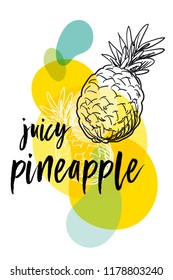 Pineapple line drawing on fluid transpraent background. Juicy fruit label. Hand drawn doodle vector illustration.