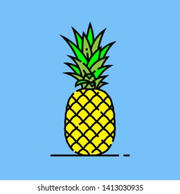 Pineapple line icon. Fresh summer fruit symbol. Tropical yellow pineapple isolated on blue background. Vector illustration.
