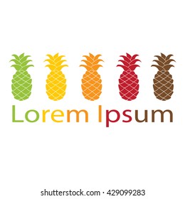 Pineapple logo element colorful flat design isolated on white background. Vector illustration. Green, yellow, orange, red, brawn silhouette. Pineapple icon, pineapple vector, t-shirt print