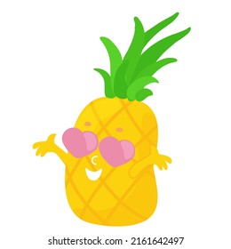 Pineapple in love with heart-eyes. Funny and comical character for icons, emoji, shopping bags design, textile, packaging, brand. Fruit in cartoon style isolated on white background.