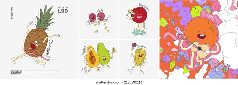 Pineapple, Lychee, Nectarine, Papaya, Jackfruit, Grapefruit. Fruit. Set of vector stickers. Funny characters in doodle style. Hand-drawn cartoon icons with stroke.