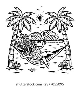 Pineapple is lying on the beach line illustration
