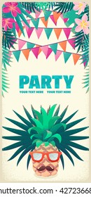 Pineapple man with sunglasses, mustaches, palm leaves, frangipani (plumeria) flower, flags. Tropical beach party. Retro vector illustration. Place your text. Invitation, banner, card, poster, flyer