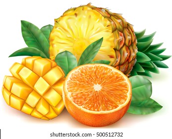 Pineapple Mango Orange Fruits And Cut Fruit With Leaves. Vector Illustration