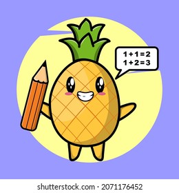 Pineapple mascot cartoon as clever student with pencil cute style design for t-shirt, sticker, logo element