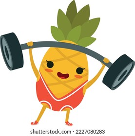 Pineapple mascot. Cartoon fruit athlete lifting barbell