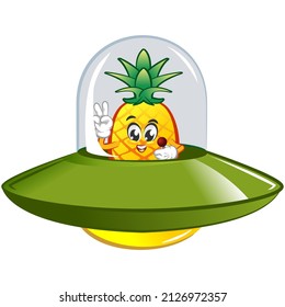 pineapple mascot character illustration vector flying with spaceship ufo