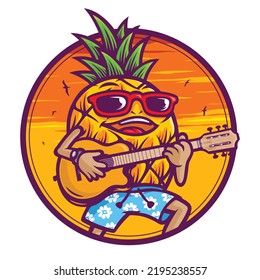 Pineapple mascot character playing guitar in summer