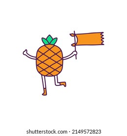 Pineapple mascot holding flag , illustration for t-shirt, street wear, sticker, or apparel merchandise. With doodle, retro, and cartoon style.